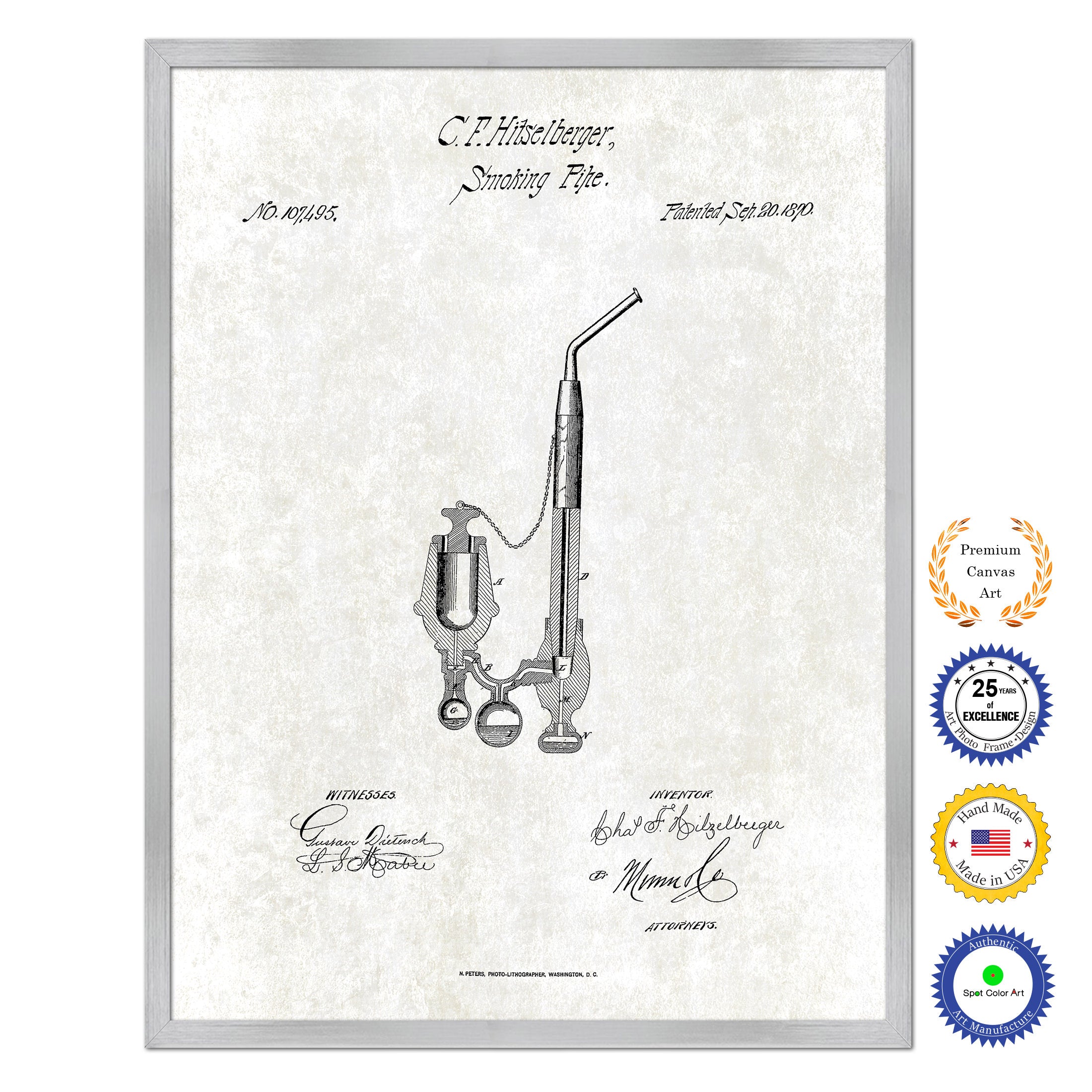 1870 Smoking Pipe Old Patent Art Print on Canvas Custom Framed Vintage Home Decor Wall Decoration Great for Gifts