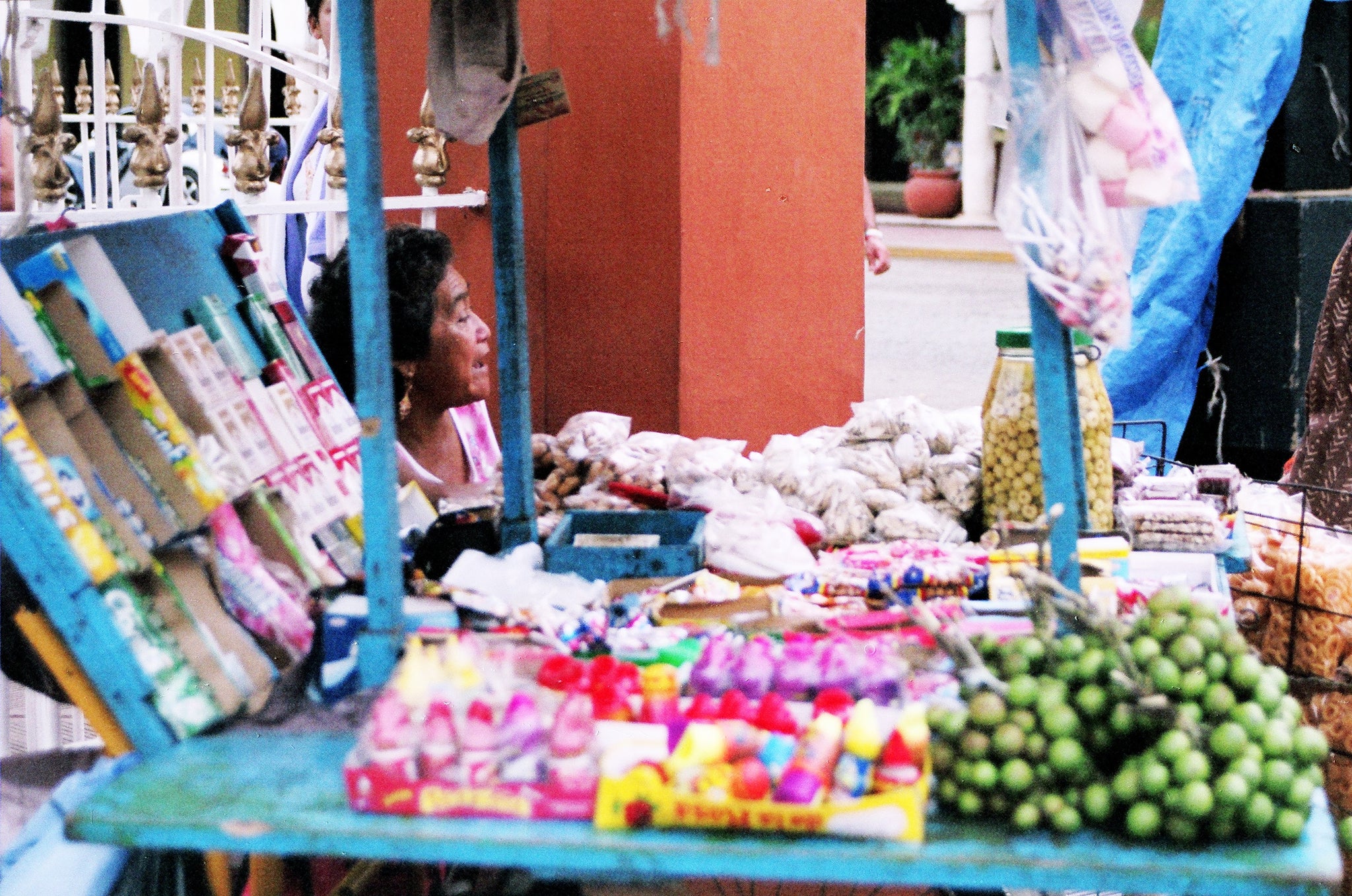 Mexican snack cart with fruit, candies, chips and more