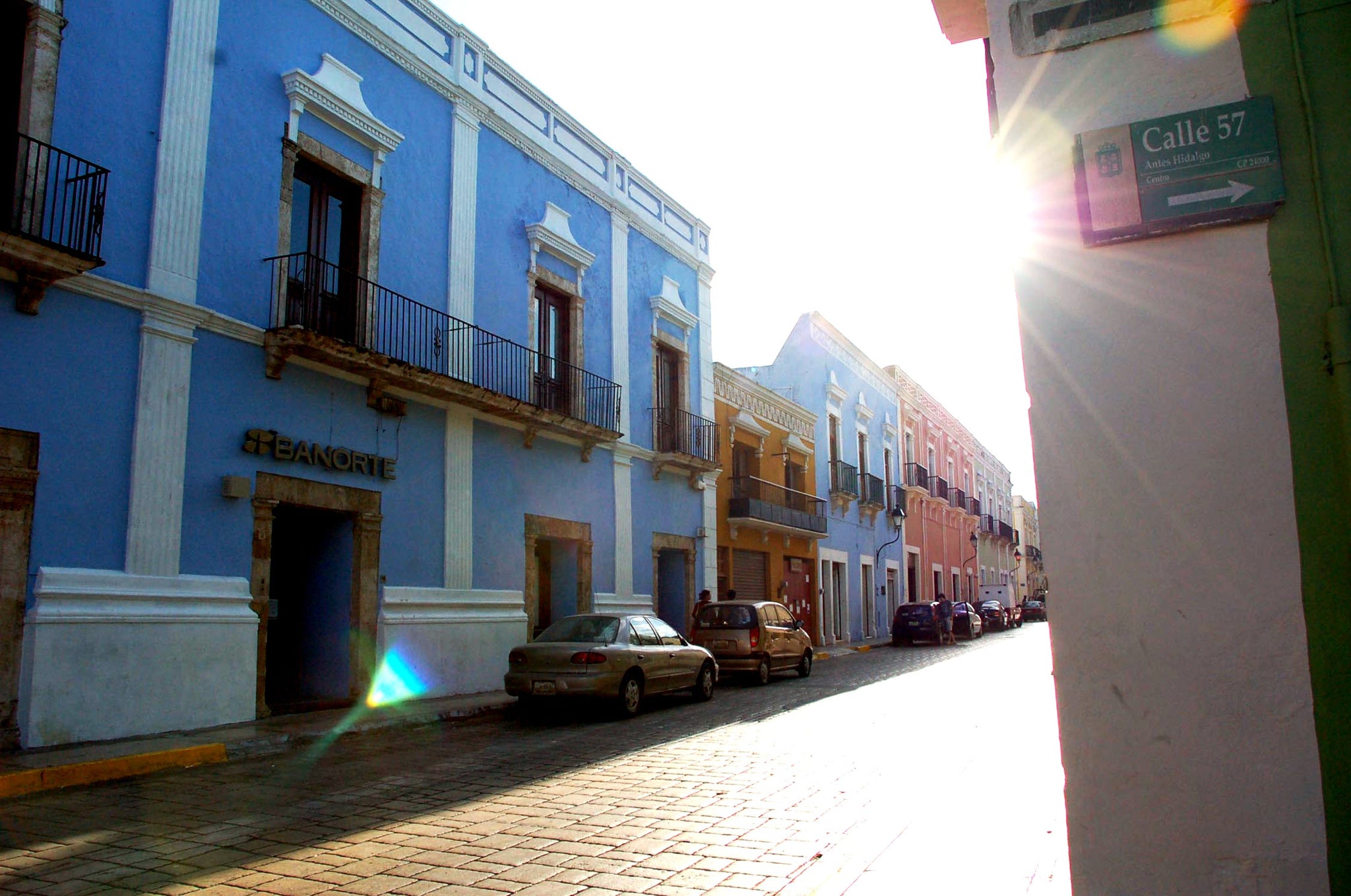 Campeche Mexico Yucatan Peninsula - Cobblestone streets lined with Colorful Colonial Era house and buildings