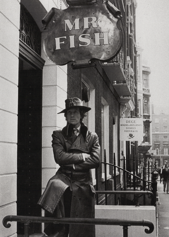 Michael Fish outside the Mr Fish boutique on Clifford Street, Mayfair (1969)