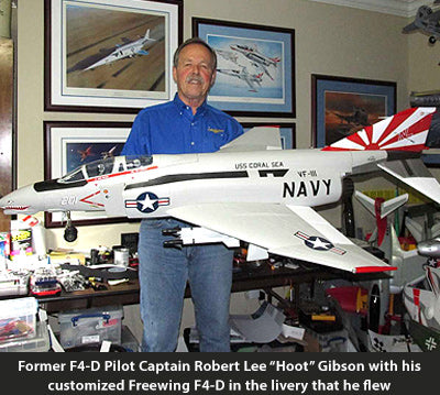 Former F4-D Pilot Captain Robert Lee "Hoot" Gibson with his customized Freewing F-4D in the livery that he flew.