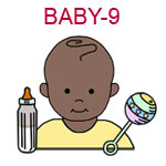 BABY-9 Dark skinned baby wearing yellow shirt with bottle and rattle