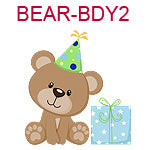 BEAR-BD2 Brown teddy bear in green birthday hat sitting next to present