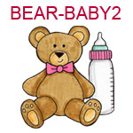 BEAR-BABY2 Brown teddy bear with pink bow and pink bottle