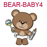 BEAR-BABY4 Brown teddy bear wearing diaper holding bottle and rattle