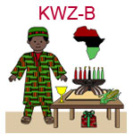 KWZ-B  A dark skinned boy dressed in an African outfit near table with kinara chalice and gift