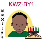 KWZ-BY1 Dark skinned baby boy with African hair and green shirt next to Kwanzaa Kinara with seven candles