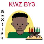 KWZ-BY3 Dark skinned young boy with African hair and green shirt next to Kwanzaa Kinara with seven candles