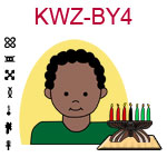 KWZ-BY4 Dark skinned young boy with African hair and green shirt next to Kwanzaa Kinara with seven candles