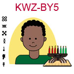 KWZ-BY5 Dark skinned teen boy with African hair and green shirt next to Kwanzaa Kinara with seven candles