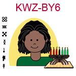 KWZ-BY6 Dark skinned teen boy with African dreaklocks and green shirt next to Kwanzaa Kinara with seven candles