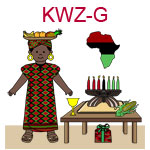 KWZ-B  A dark skinned girl dressed in an African outfit near table with kinara chalice and gift