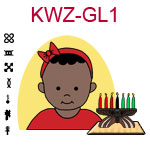 KWZ-GL1 Dark skinned baby with red hair band and shirt next to Kwanzaa Kinara with seven candles