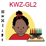 KWZ-GL2 Dark skinned baby girl with top knot and red shirt next to Kwanzaa Kinara with seven candles