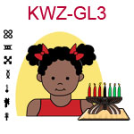KWZ-GL3 Dark skinned toddler girl with pig tails and red shirt next to Kwanzaa Kinara with seven candles