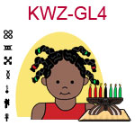 KWZ-GL4 Dark skinned toddler girl with African braids and red shirt next to Kwanzaa Kinara with seven candles
