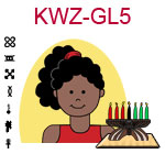 KWZ-GL5 Dark skinned teen girl with curly ponytail and red shirt next to Kwanzaa Kinara with seven candles