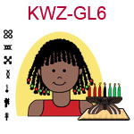 KWZ-GL6 Dark skinned teen girl with African braids and red shirt next to Kwanzaa Kinara with seven candles