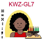 KWZ-GL7 Dark skinned teen girl with curly long hair and red shirt next to Kwanzaa Kinara with seven candles