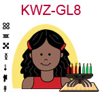 KWZ-GL8 Dark skinned girl with long black hair wearing red tank top next to Kwanzaa Kinara with seven candles