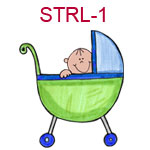 STRL-1 Fair skinned smiling baby peeking out of blue and green stroller