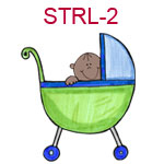 STRL-12 Dark skinned smiling baby peeking out of blue and green stroller