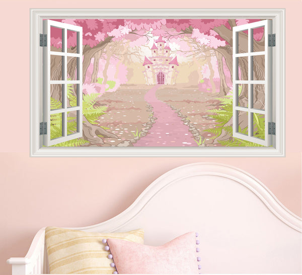 Enchanted Fairytale Castle Window Scene Wall Stickers Childrens Bedroom Decal Mural Transfers