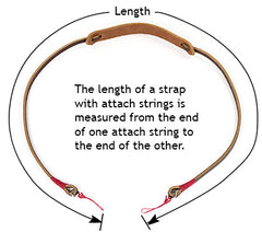 The length of a strap with attach strings is measured from the end of one attach string to the end of the other.