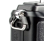 Triangle split ring on camera. Attach gordy's lug-mount camera strap.