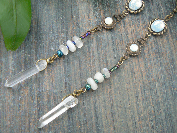 moonstone moon goddess earrings with glass white opals and quartz
