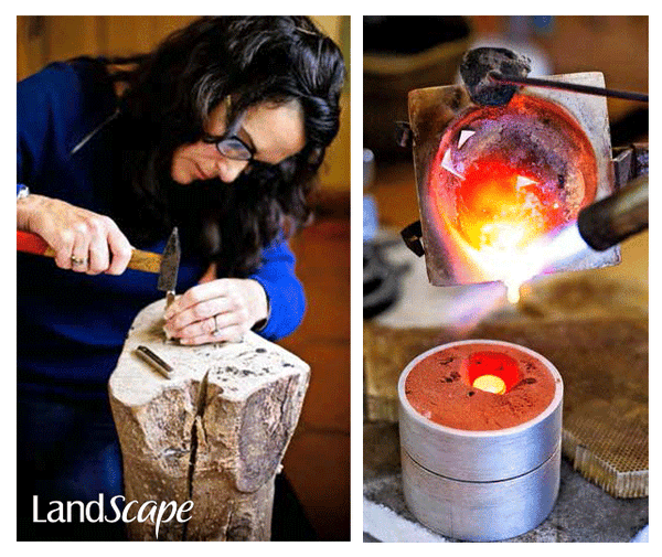 Pouring silver to create acorn necklace jewellery. Picture from Landscape magazine