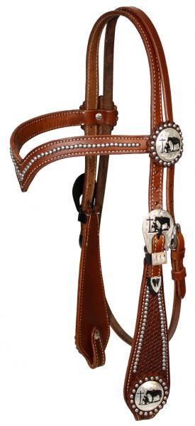 Western Leather Headstall w/ Silver Engraved Heart Conchos & Reins 