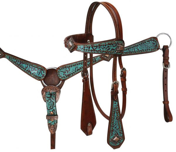 Showman Single Ear Leather Headstall w/ Teal Filigree Print & Engraved Conchos 