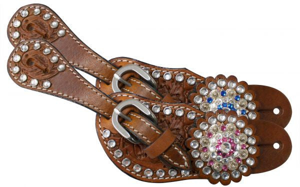 Tooled Leather Ladies Spur Straps w/ Crystal Rhinestones Western Horse Bling 