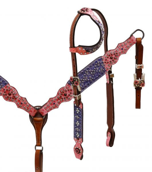 Showman One Ear Headstall Breastcollar Cut out Filigree Tooling & Rhinestones for sale online