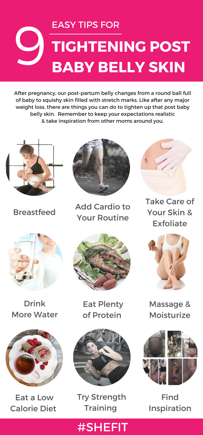 After pregnancy, our post-partum belly changes from a round ball full of baby to squishy skin filled with stretch marks. Like after any major weight loss, there are things you can do to tighten up that post baby belly skin. Diet & exercise will help as will breastfeeding & taking care of your skin. Remember to keep your expectations realistic & take inspiration from other moms around you. Click to learn 9 easy tips to tone your post-partum belly from #Shefit high impact sports bra blog. 