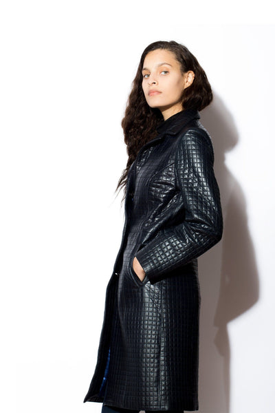 Women's Quilted Navy 7/8s Leather Coat 