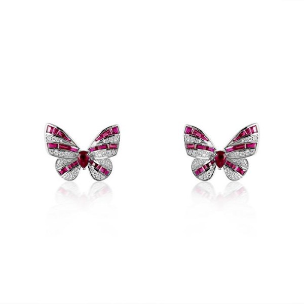 Butterflies in Ruby & Diamond 18K White Gold Earrings