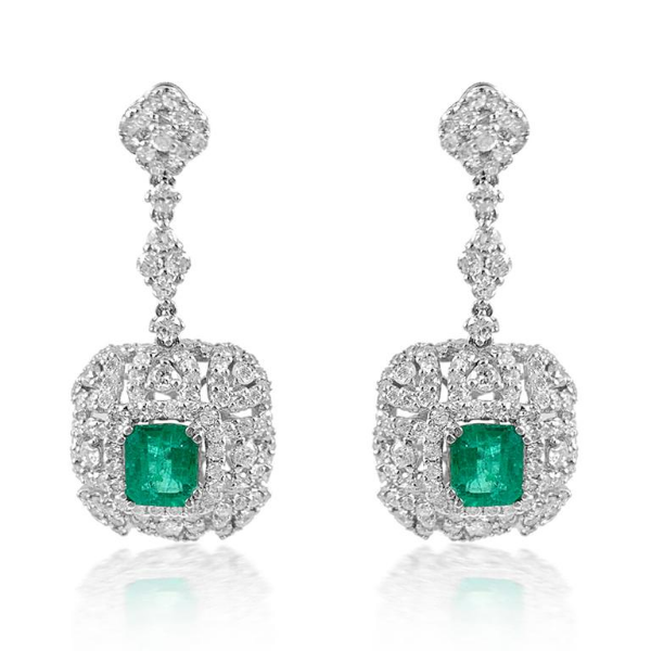 18K White Gold Royal Emerald Diamond Earrings