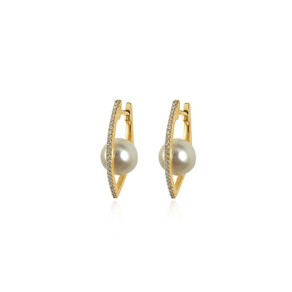 14K Yellow Gold Hoops with One Pearl and Diamonds