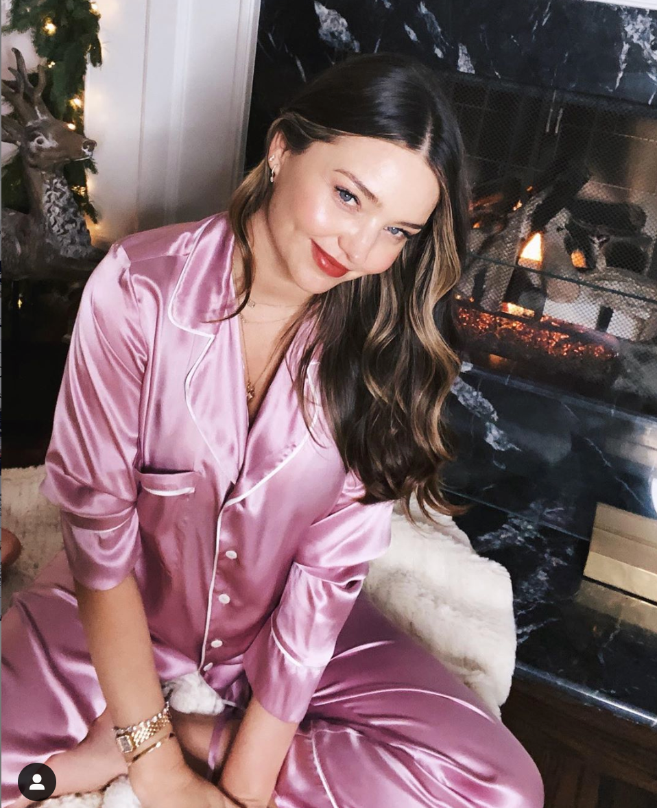 Miranda Kerr in Helena Quinn Orchid Pink Silk Pajama Set