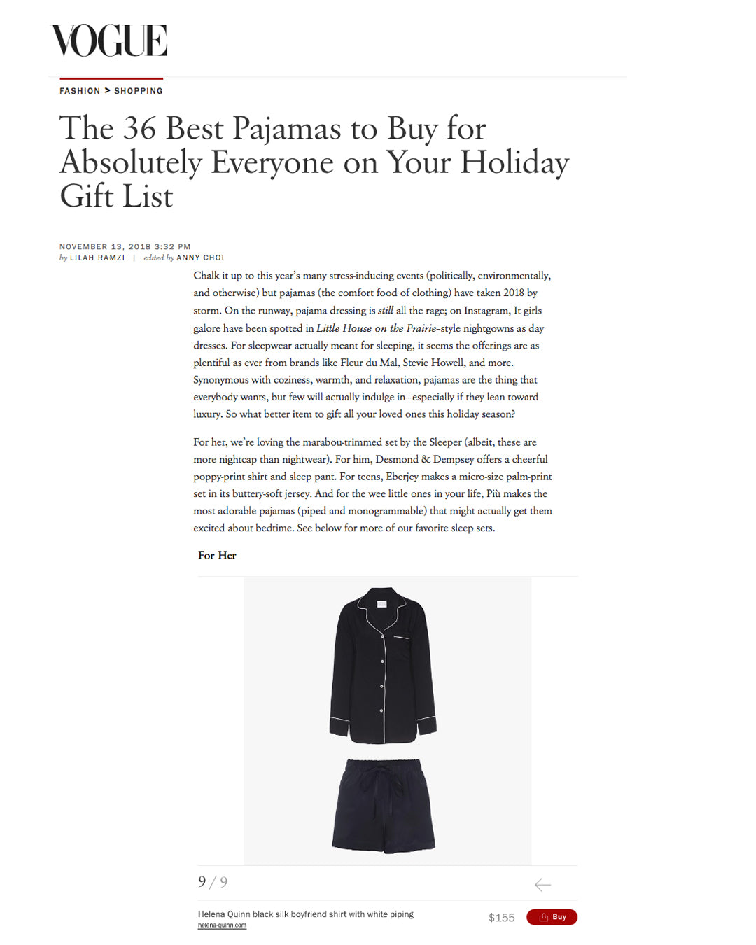 Helena Quinn / /  Vogue Magazine / / Black Silk Boyfriend Shirt