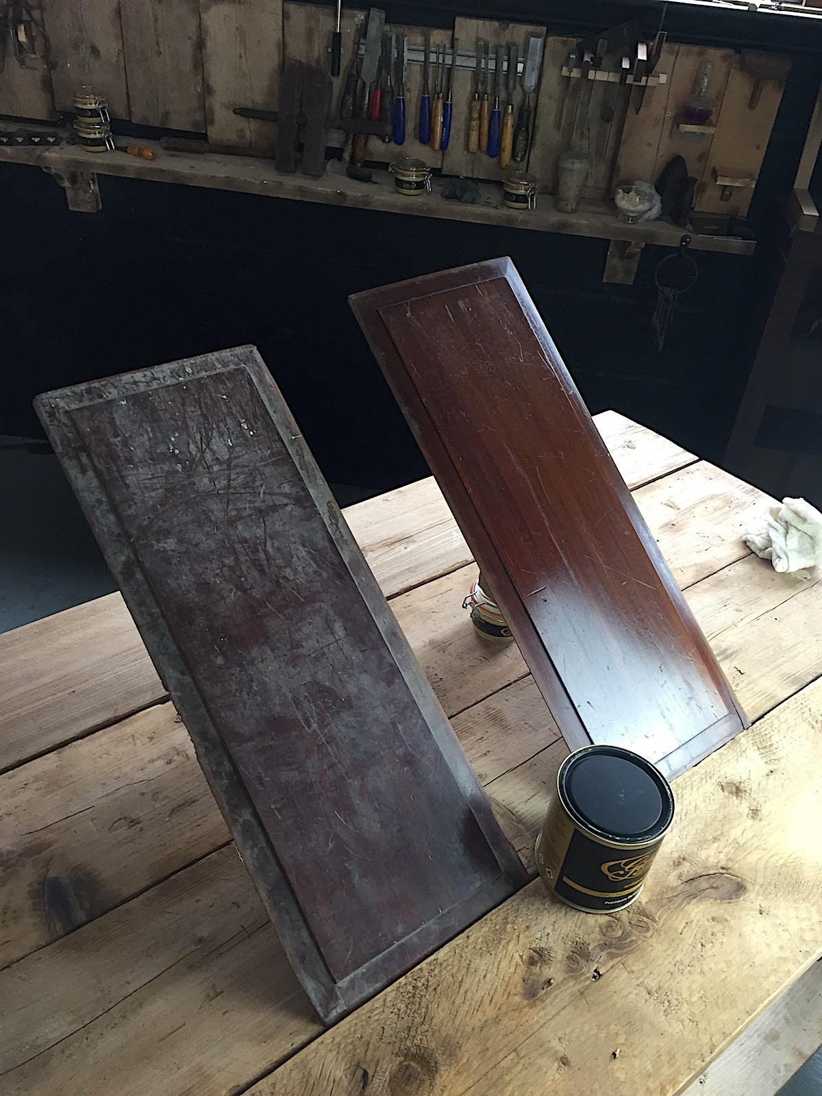 Antique mahogany panels before and after restoration with Gilboys beeswax polish