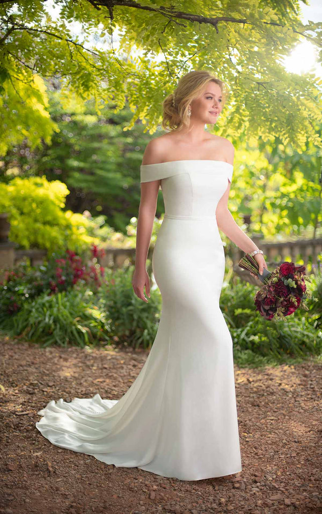 Essense of Australia D2717 - Off shoulder simple wedding dress with belt and fitted sheath skirt