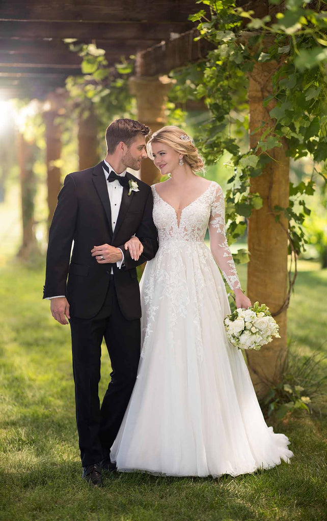 Essense of Australia D2737 - Long sleeve illusion lace ballgown with sheer corset bodice wedding dress