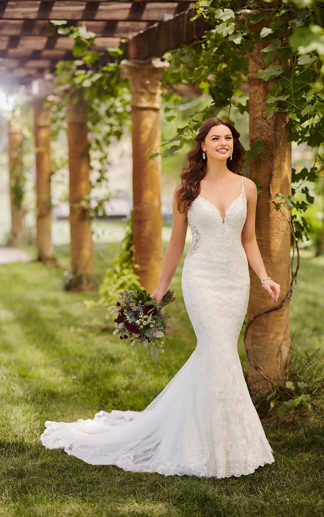 Essense of Australia D2760 - Sweetheart spaghetti strap fitted mermaid lace wedding dress with sheer insets on waistline