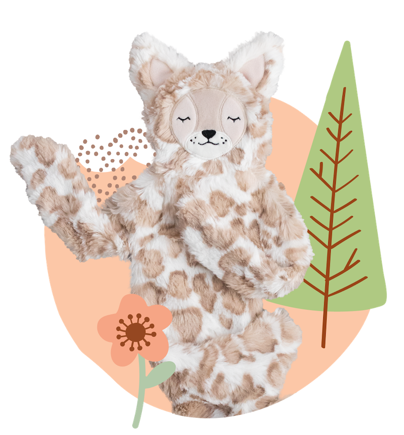 lynx snuggler with a tree and flower icon