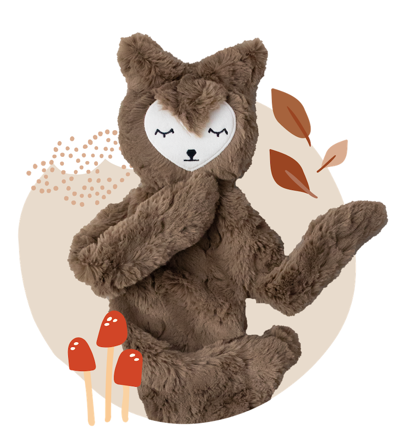 Brown fox snuggler with leaves and mushroom icons