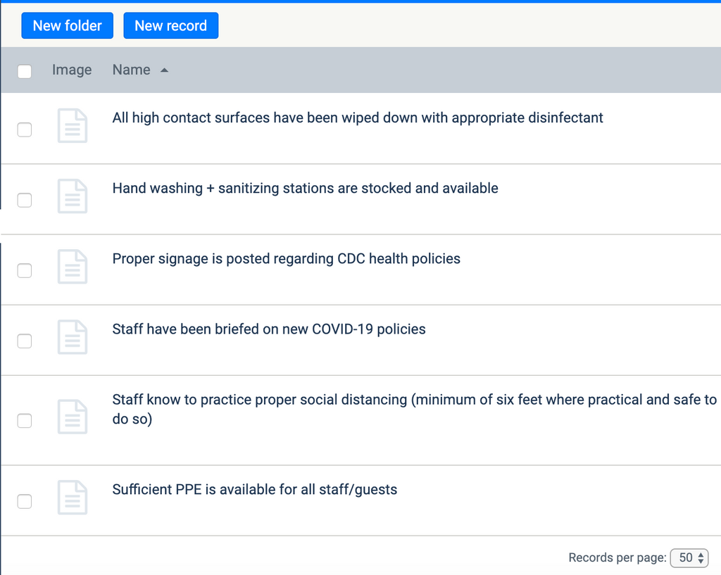 Screen capture showing Papertrail inspection management software records for COVID procedures.