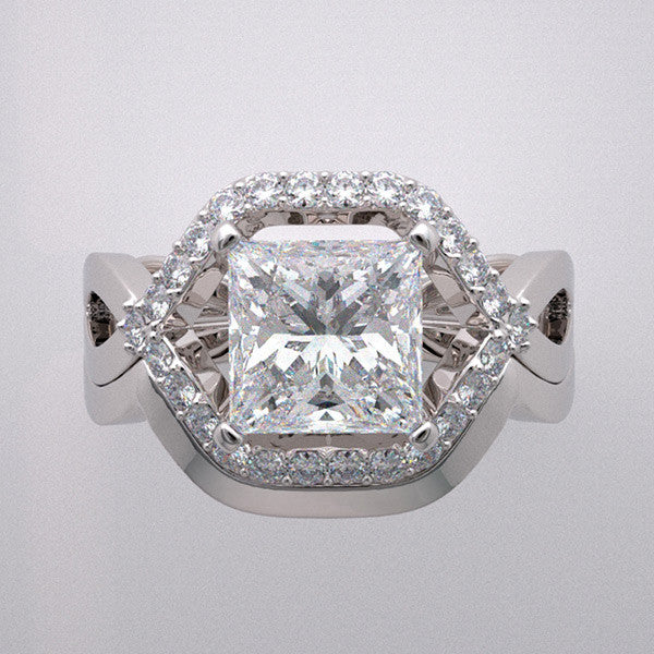 GEOMETRIC ENGAGEMENT RING SETTING AND MATCHING WEDDING RING ARCHITECTURAL DESIGN